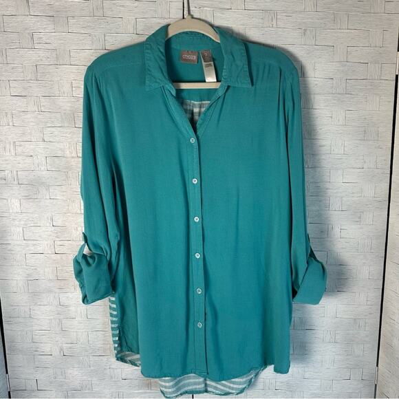 Chico’s Button Down Shirt-Tunic teal and white striped back coastal grandma - Picture 1 of 9